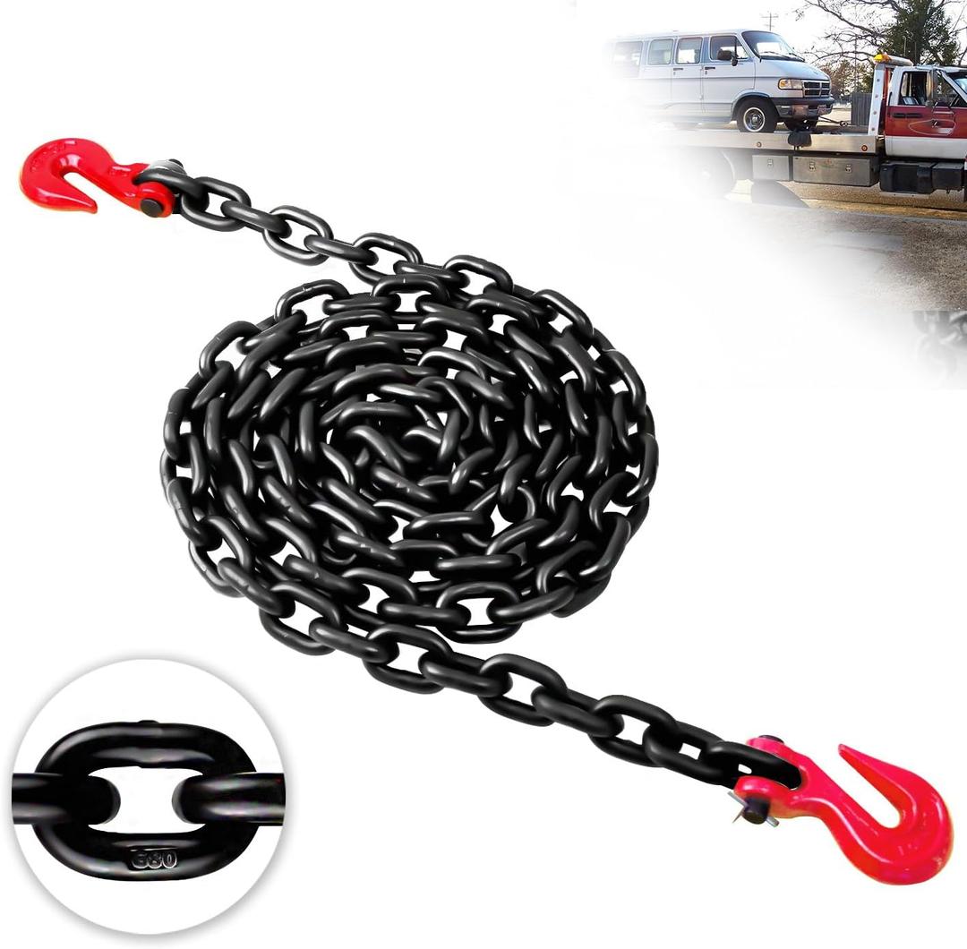 G80 Transport Binder Chain 3/8 Inch x 20 Foot | 7,100 lbs Safe Working Load | Heavy Duty Tow Chain with Clevis Grab Hooks | Ideal for Towing, Tie-Down, and Lifting Applications