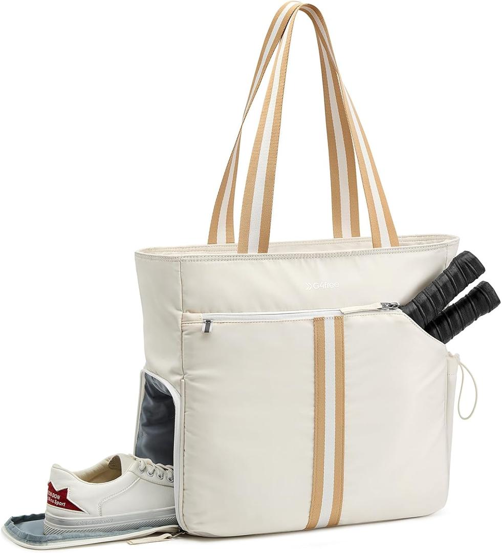 G4Free Pickleball Bag, Pickleball Tote Bag for Women Men, External Ball Bag with Shoe Compartment & Paddle Cover Pocket (Beige&yellow)