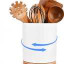 QUELIEN Utensil Holder, 360 Rotating Ceramic Kitchen Utensil Holder for Countertop, 7.7" Utensil Crock for Kitchen Counter with Rotatable Wooden Base,Ideal Housewarming Gift & Mothers Day Gift (white)