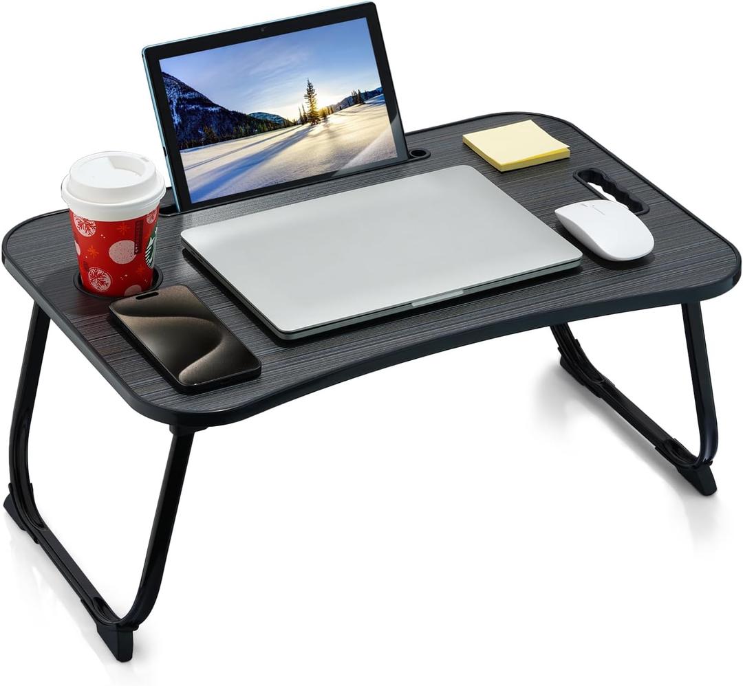 Laptop Bed Desk, Foldable Lap Desk, Portable Lap Table, Laptop Stand with Cup Holder, Tablet Slot & Lifting Handle for Work, Write, Draw & Eat on Bed, Sofa or Couch - Black