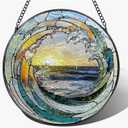Stained Glass Window Hanging, 7.8" Ocean Wave Stained Glass Suncatcher, Sun Catchers for Window, Doors & Home Decor, Christmas, Mother's Day, Birthday, Sea Lover Gifts for Women, Men, Mom, Grandma