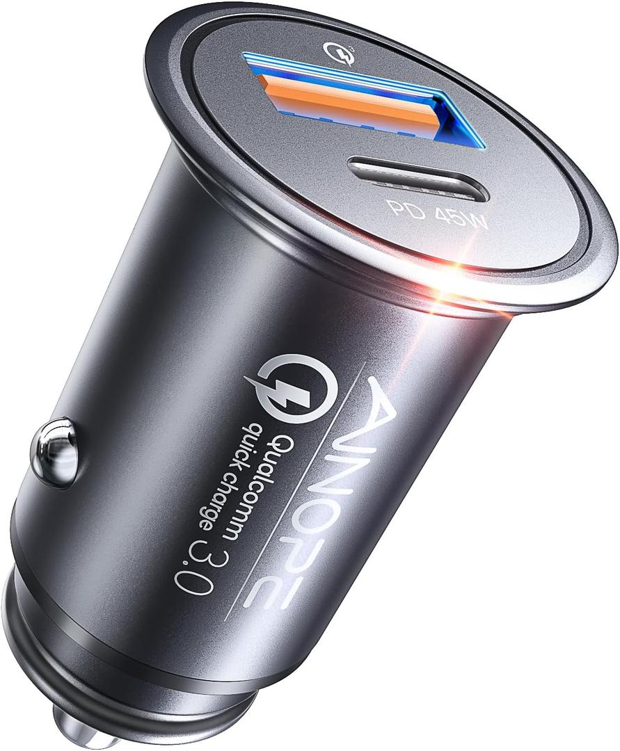 AINOPE 67.5W 99% Invisible Super Mini Car Charger USB C Fast Charging,All Metal Cigarette Lighter Adapter PD&QC Type C Car Charger Adapter for iPhone 16 Pro Max 15 14 13 12,Samsung Galaxy S25,Android