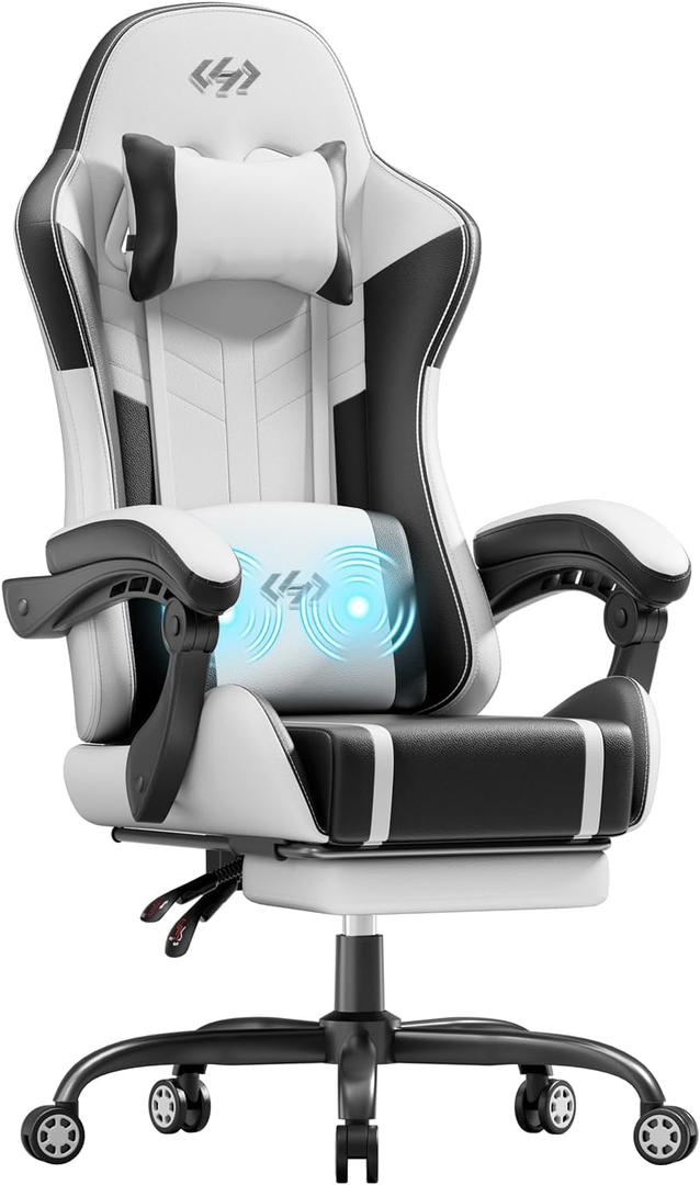 HLDIRECT Gaming Chair, Ergonomic Video Game Seat with 360° Swivel & Lumbar Massage, Computer Chair PU Leather Cushion for Adults Home/Office Use (Black & White), Backrest: 19.7 Inches, Height: 4 Inches