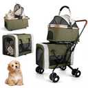Double Pet Stroller for Dogs and Cats: Dog Stroller Foldable Travel Carriage with Detachable Carriers, Safety Belts, and 4 Lockable Wheels for Small to Medium Pets – Ideal for Multi-Pet Homes (Green)
