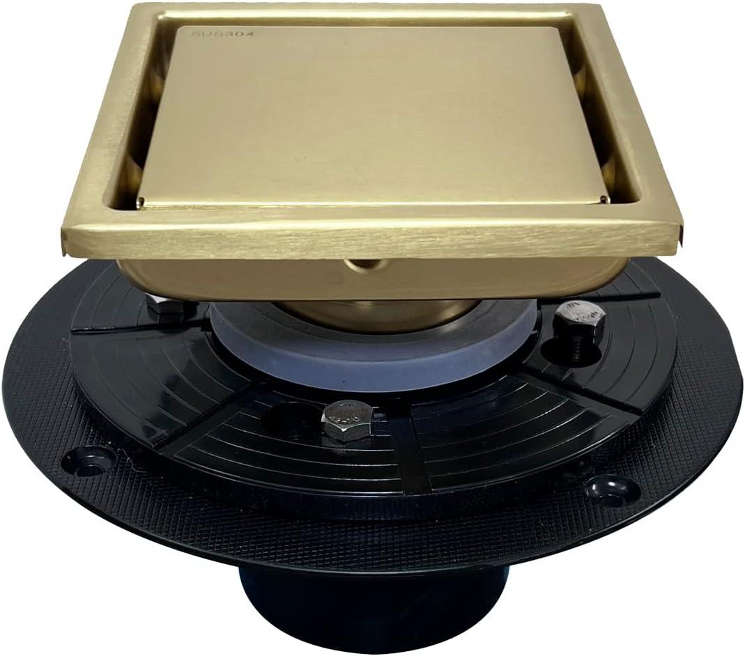 Brushed Gold Shower Drain 4 Inch Square for Bathroom Invisible Inlay Tile Square Plate Cover Adjustable Flange Kit, Sus304 Stainless Steel Brass Finish