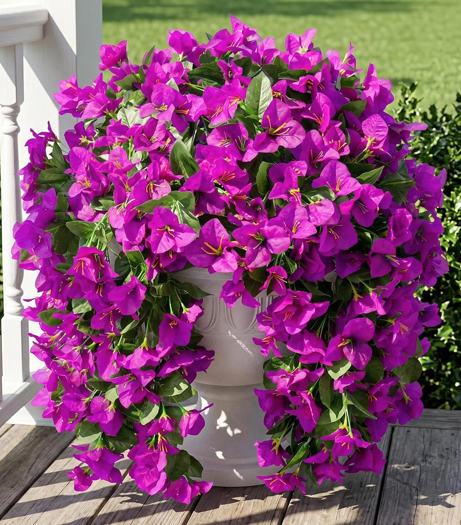 Faux Bougainvillea Artificial Flowers Plants for Outdoors Outside Decoration, 2 pcs Purple Fake Flowers UV Resistant Look Real Silk Long Trailing Vines for Front Door Porch Planter Urn Patio Garden