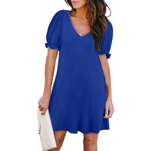 Aloodor Women's Casual Dresses Short Sleeve V-Neck Dress with Pockets (L)