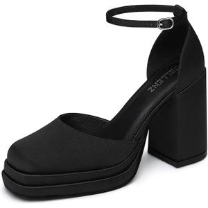 Cellenz Women Chunky High Heels: Comfortable Ankle Strap Platform Pumps, Dress Wedding Shoes Party Bridal Graduation Pumps Black 7