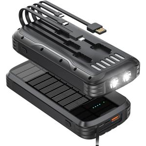 Solar-Power-Bank-Charger, 40000mAh Portable Phone Charger Built in 4 Cables with USB C in/Output, PD 20W Fast Charging Portable Charger, External Battery Pack with Dual Bright Flashlights