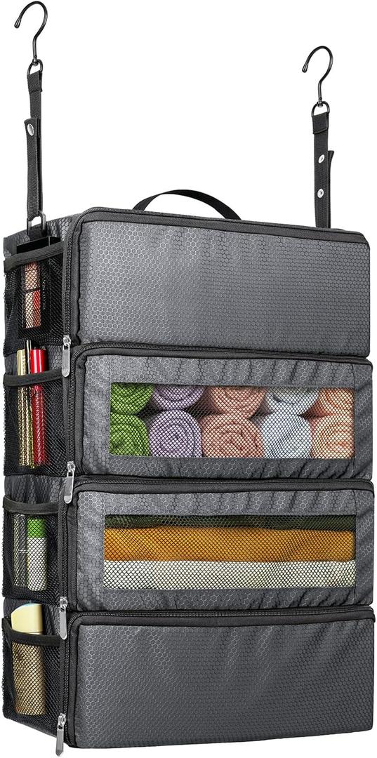 Suitcase Organizer, Travel Luggage Organizer Hanging Shelves Packing Cube Closet/Collapsible Portable Travel Organizer for Carry-on (Medium, Grey-M-4 Tier)