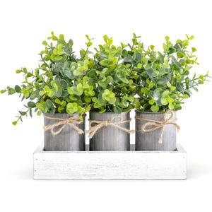 Dahey Decorative Galvanized Metal Pots Centerpiece Decor Wood Tray with Artificial Plant, 3 Buckets with Eucalyptus, Rustic Farmhouse Home Decor for Coffee Table Dining Living Room Kitchen Bath, White