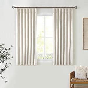 Cream Short Linen Curtains for Small Window 2 Panel Set Kitchen Curtains 45 Inch Length Pinch Pleated Back Tab 100% Blackout Natural Linen Room Darkening Thermal Insulated Drapes for Cafe Bathroom