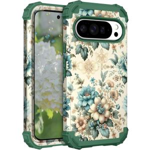 Hocase for Google Pixel 10 Pro XL Case, Shockproof Heavy Duty Protection Hard Plastic+Silicone Rubber Bumper Hybrid Protective Case for Google Pixel 10 Pro XL 6.8" 2025 - Teal Blue Flowers