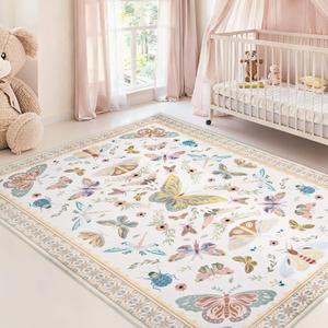 BLEUM CADE 5' x 7' Beige Butterfly Insect Rugs for Bedroom, Washable Low Pile Non-Slip Area Rug for Living Room Dining Room Kitchen Nursery Office Playroom