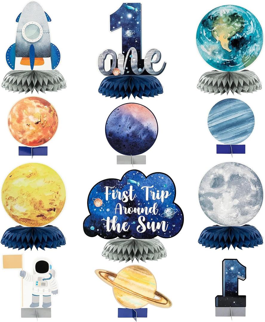ANGOLIO 12Pcs First Trip Around The Sun One Letter Sign Party Honeycomb Table Centerpiece Outer Space 1st Birthday Party Decorations Planets Solar System Theme Favor for Boys Baby Shower Photo Props