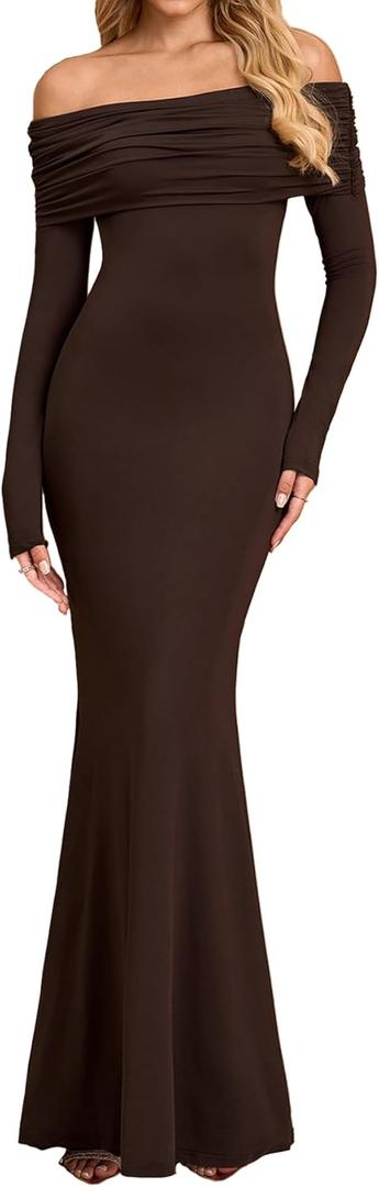 Women Off The Shoulder Long Sleeve Maxi Dress Ruched Bodycon Winter Formal Wedding Guest Dresses (Medium, Brown)
