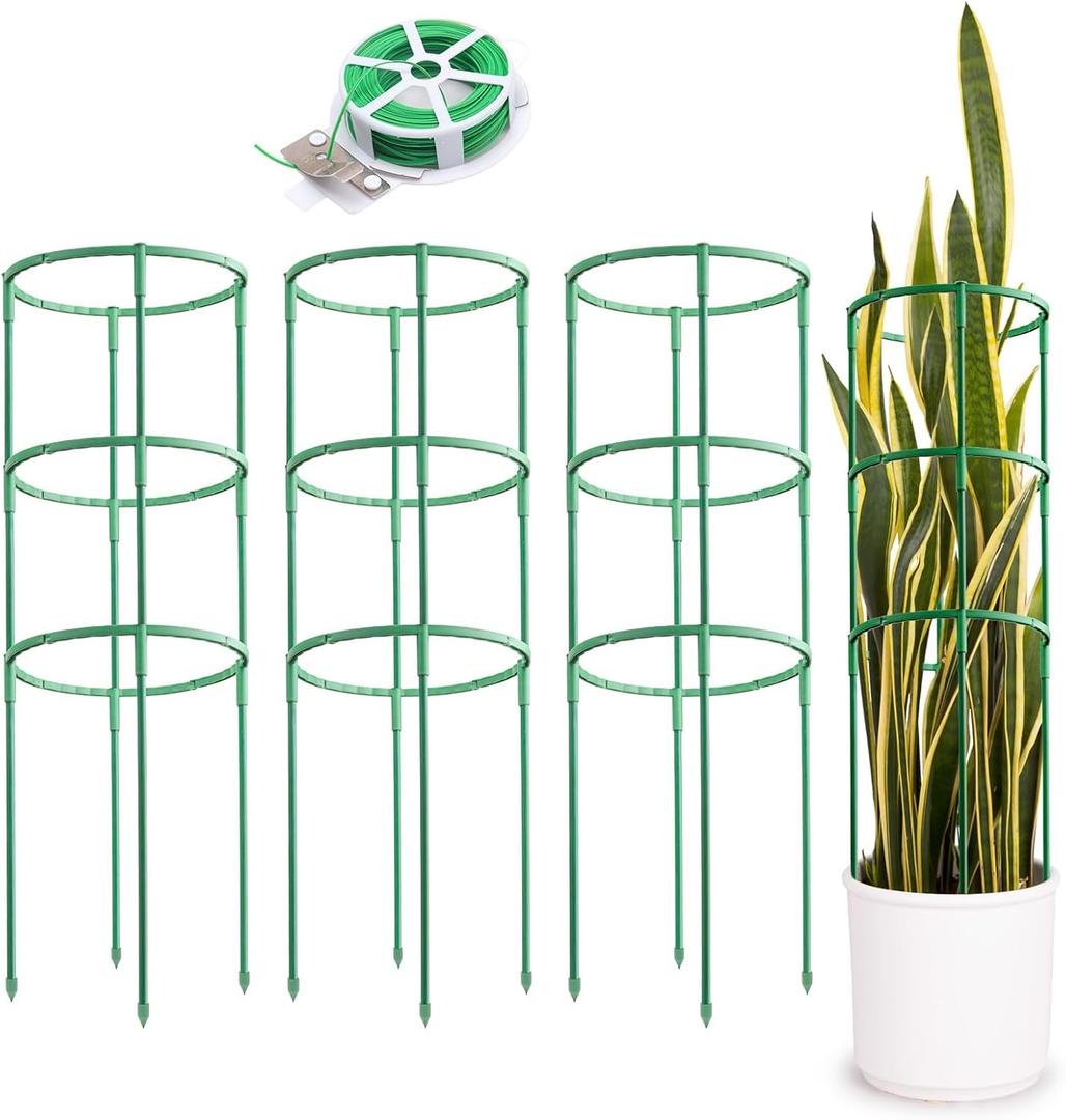 Zwish 3Pack 25.2Inch Plant Support Stakes with 20M Twist Ties for Tomato,Tomatoes Cages for Monstera, Peony, Hydrangea, Climbing Plants Indoor and Outdoor Plant