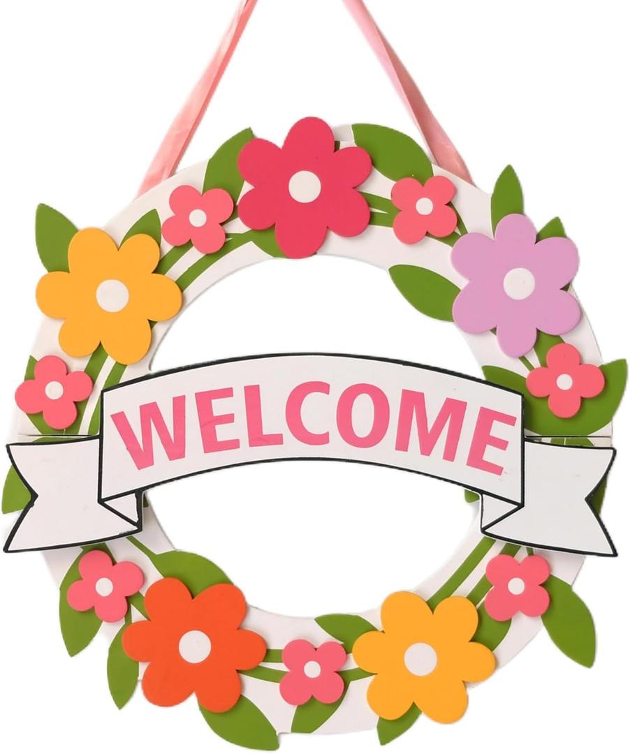 13 Inch Spring Welcome Wreath -Colorful Floral Door Hanger with Welcome Banner for All-Season Home Porch Front Door Fireplace Wall Decor Party Store Holiday Decor
