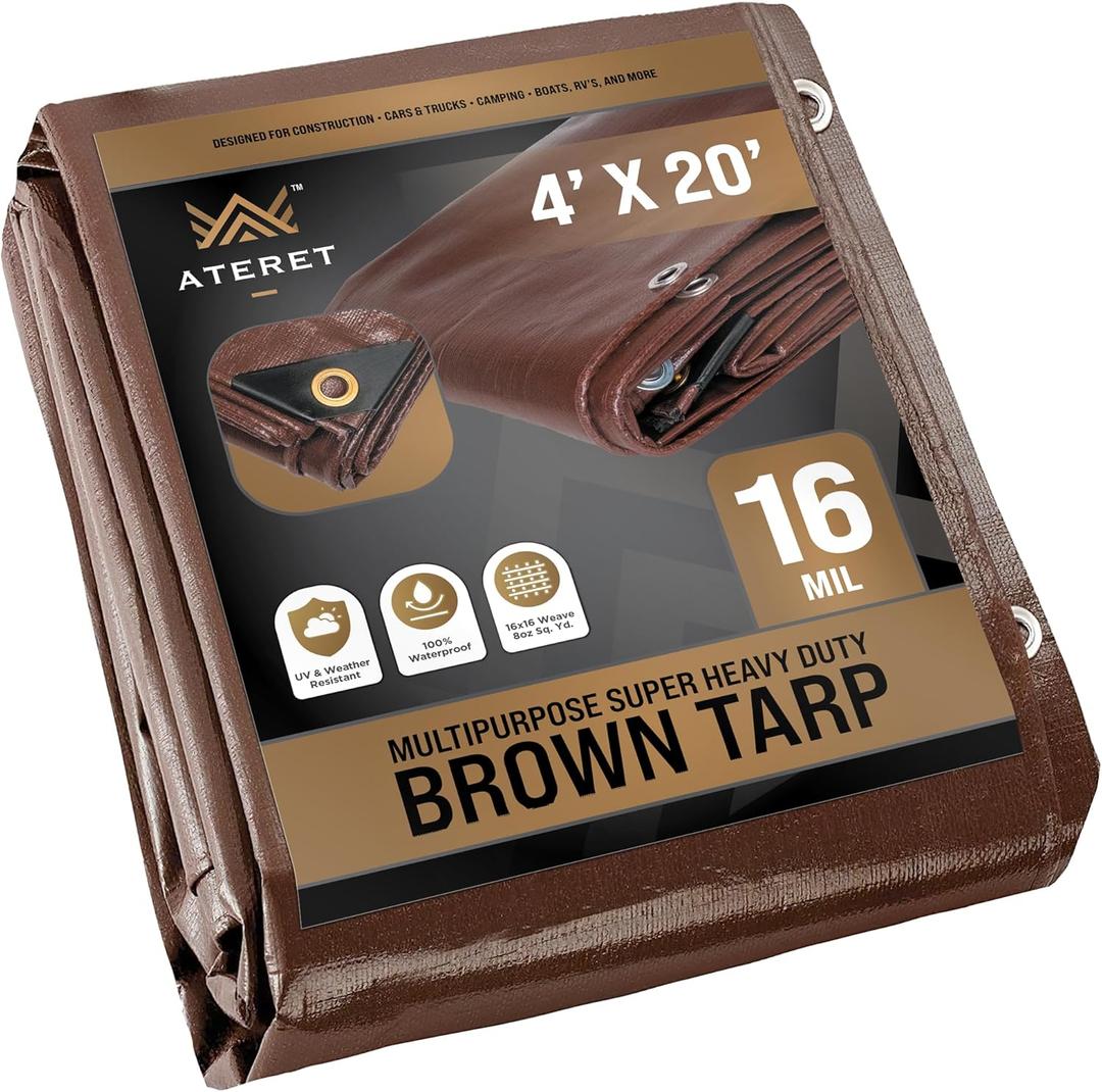 ATERET 4' x 20' Super Heavy Duty 16 Mil Brown Poly Tarp Cover - UV Resistant, Thick Waterproof, Rip and Tear Proof Tarpaulin with Grommets and Reinforced Edges
