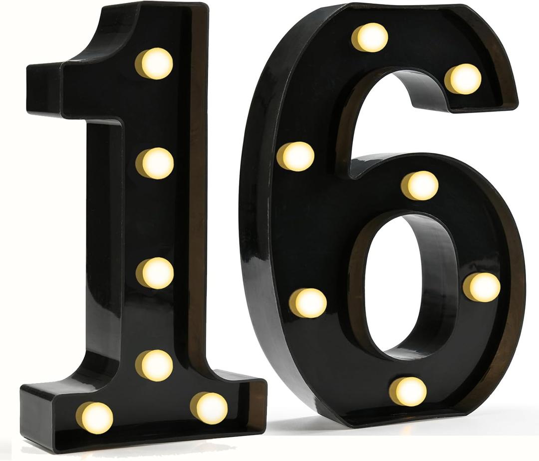 Pooqla Decorative Led Light Up Number Letters, Black Plastic Marquee Number Lights Sign for 16th Birthday Party Wedding Decor Battery Operated Black Decoration 16