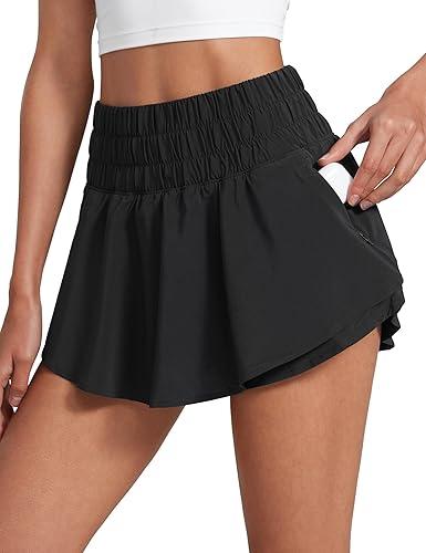 Ruffle Skirt Overlay Athletic Shorts for Women - High Waisted Flowy for Workout Running Tennis with Zip Pocket, Black , Size XXS