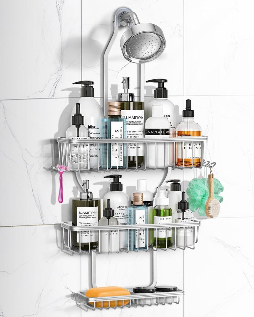 Shower Caddy Hanging - Never Rust Shower Hanging Organizer - Aluminum Over the ShowerHead Caddy with 6 Hooks for Razor/Sponge (Silver)