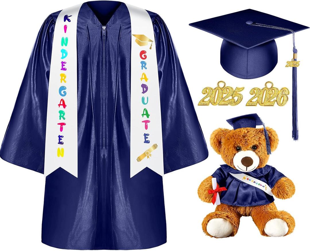 Sintuff 7 Pcs Kindergarten Graduation Gown Cap 2025 Preschool Graduation Accessories Stole Tassel Sash Charm Bear Gifts (Blue)