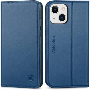 SHIELDON Case for iPhone 13 Mini, Genuine Leather Wallet Magnetic RFID Blocking Card Slots Kickstand Folding Shockproof Case Compatible with iPhone 13 Mini 5G (5.4") - Royal Blue