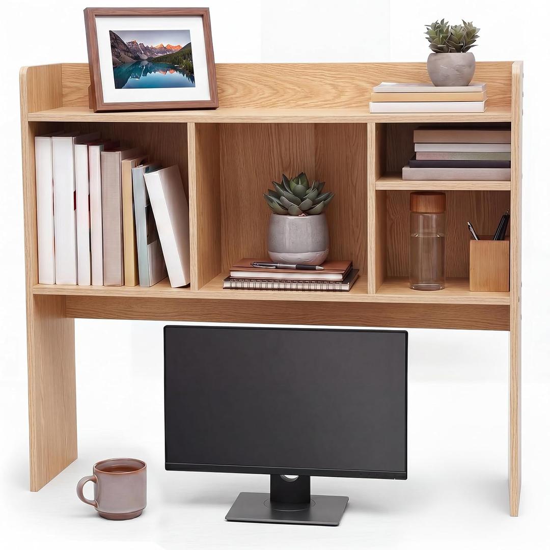 Vercraft Dorm Desk Hutch Wood Desktop Bookshelf with 6 Shelves 3 Tier Countertop Desk Shelf Top Only Organizer 32.4'' Multipurpose Display Rack for Computer Work for College Office Home(Natural)