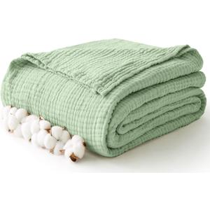 100% Cotton Muslin Blanket Large 50" x 70", 6 Layers Breathable and Lightweight Cotton Throw Blanket for Bed and Couch, Soft Quilt Bedspread, Gauze Blanket for Adults All Season, Sage Green