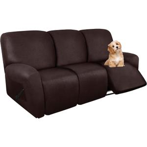 molasofa Recliner Sofa Covers - 8 Pieces Stretch Leather Like Large Couch Covers for 3 Seats Reclining Slipcovers Soft Jacquard Pattern Furniture Protector with Elastic Bottom (Chocolate) (Standard 3 Seater)