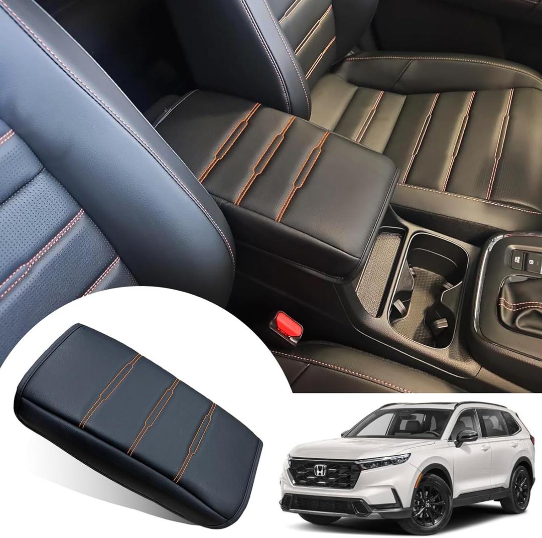 for Honda CRV 2026 2025 2024 2023 Center Console Cover - Soft Armrest Pad Middle Console Cover for Honda CRV LX EX Sport Hybrid EX-L Sport Touring Hybrid Accessories(Orange Stitches)