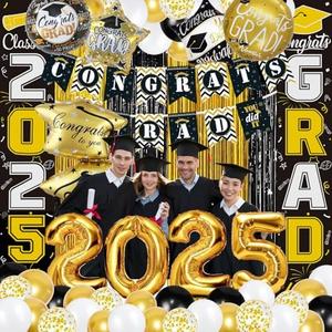 Pack Of 3 Graduation Decorations Class of 2025, 58 PCS Black and Gold Graduation Decorations with 2025 Balloons, Congrats Grad Banner, Door Banners, Foil Fringe Curtain