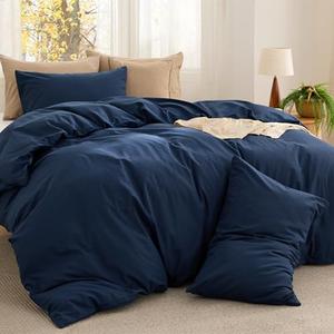 Bedsure Comforter Set Full Size - Cotton Fabric with Microfiber Inner Fill, Navy PureWoven Soft Bed Set for All Seasons, 3 Pieces, 1 Comforter (82" x 86") and 2 Pillow Cases (20" x 26")