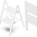 WOA WOA 2 Step Ladder, Folding Step Stool with Broad Pedals, Compact Stepping Stool, Sturdy Steel Ladders for Home with Anti-Slip Feet, Supports up to 330 lbs - White