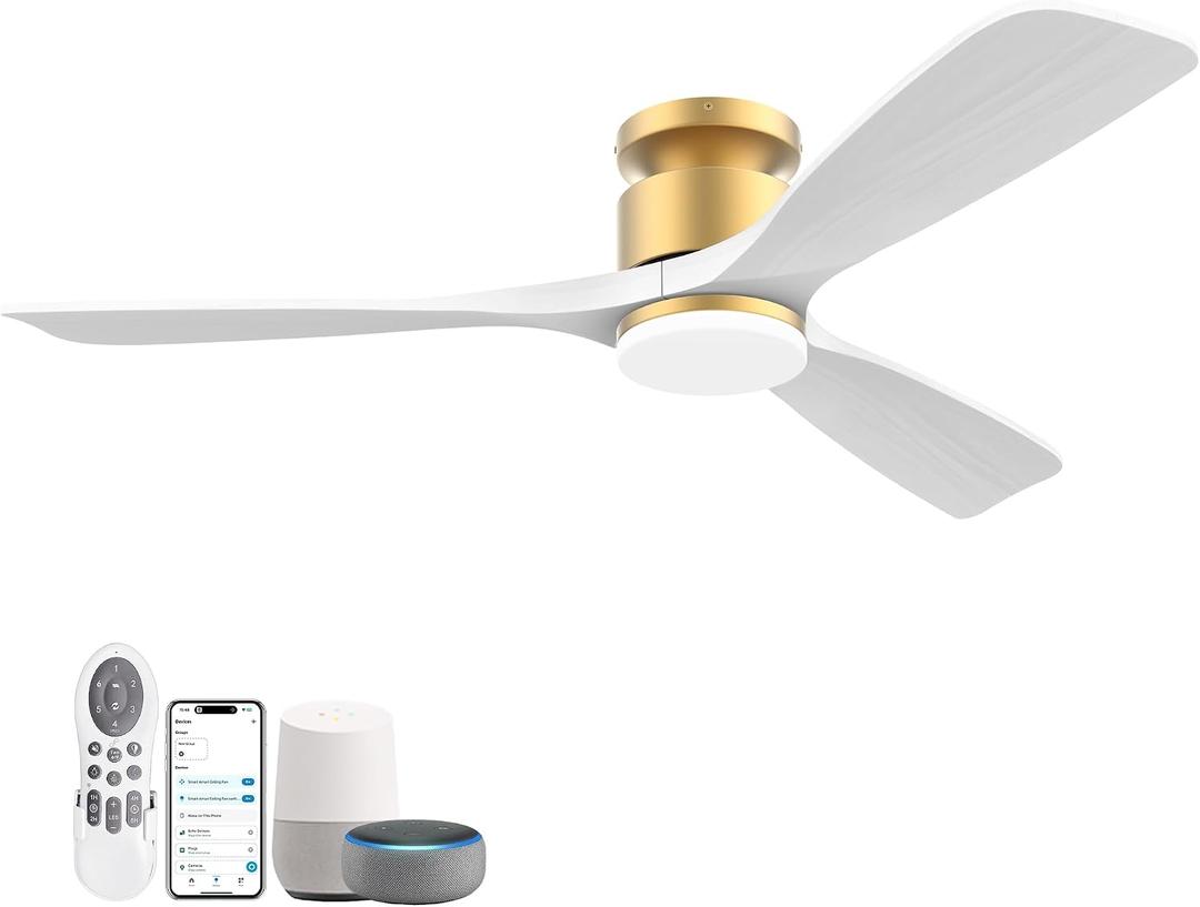 52 Inch Smart Low Profile Ceiling Fans,Solid Wood Outdoor Indoor Ceiling Fan with Lights Remote,WIFI Alexa App Control,Quiet DC Motor,Dimmable LED,Modern Flush Mount Fan for Bedroom Patio,Gold White