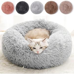 Cat Beds for Indoor Cats - Cat Bed Washable 20/24 inches, Dog Beds for Small Medium Dogs, Anti Anxiety Round Fluffy Plush Faux Fur Pet Bed, Thick Bottom (Light Grey, Medium)