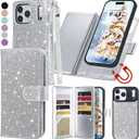 Varikke for iPhone 17 Pro Max Wallet Case Detachable with RFID Blocking Card Holder for Women, Glitter PU Leather Strap Magnetic Flip Removable Phone Case Cover for iPhone 17 Pro Max 6.9", Silver