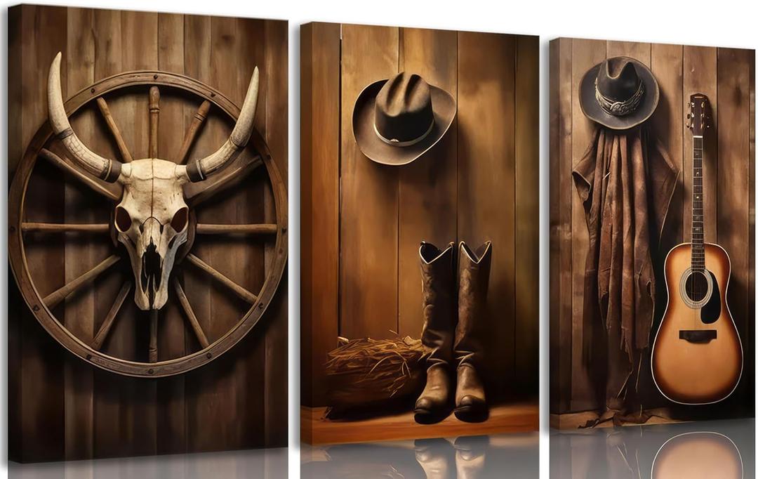 3pcs Vintage Western Cowboy Canvas Wall Art Cow Skull Cowboy Hat Boots Guitar Wooden Wheel Paintings Pictures Wall Decor Country Modern Posters Prints Artwork for Home Office Bedroom Home Decoration (16L''x12W'')