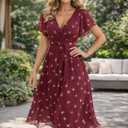 Summer Dresses for Women 2026 Floral Chiffon Dress Casual Short Sleeve Empire Waist Midi Dress Beach Vacation Outfits (XL)