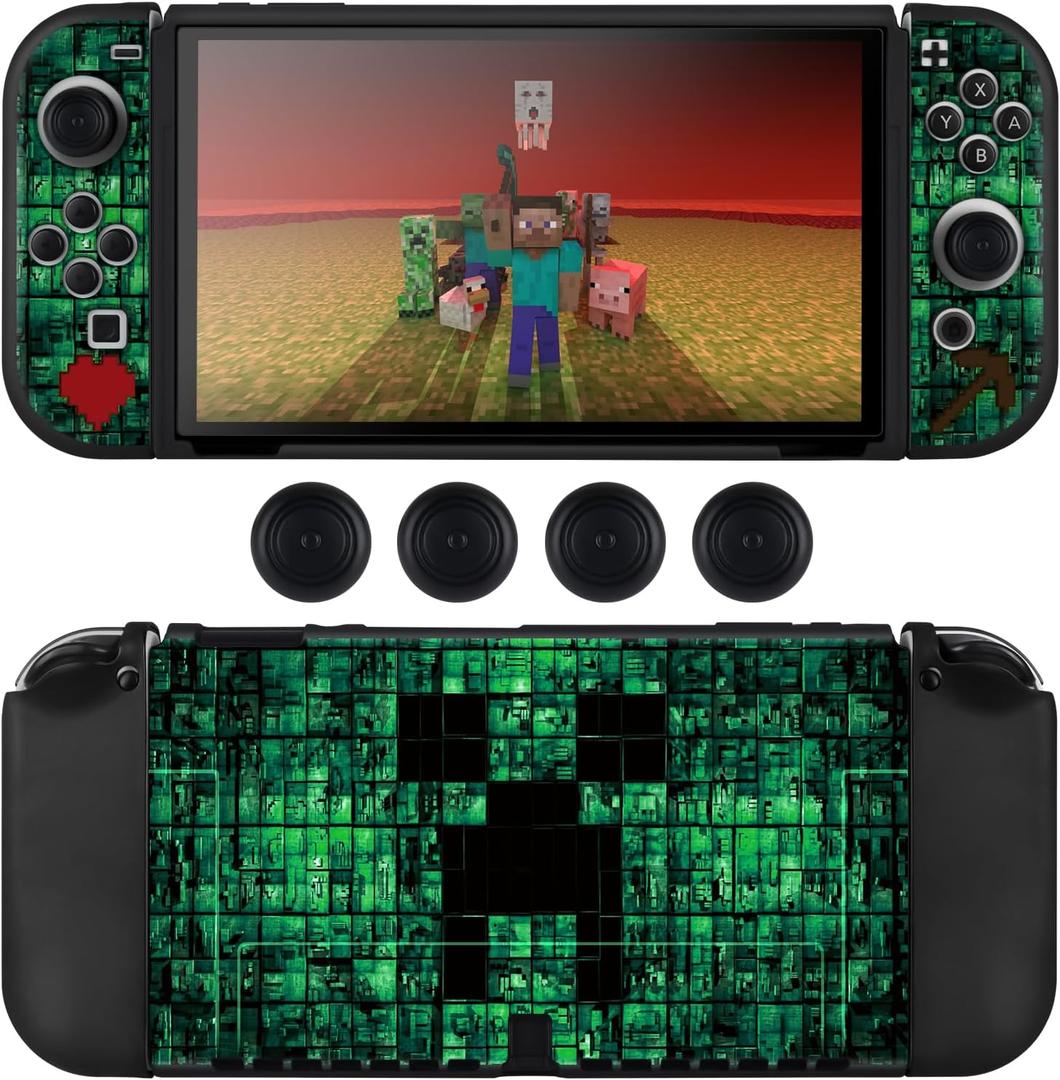 DLseego My World MC Protective Case for Switch OLED New Model, Dockable Soft Shell Cute Cover Case for Joycon Controller with 4PCS Thumb Grips Caps - Green OLED