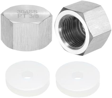 uxcell 2pcs Hex End Cap 304 Stainless Steel Nut with Washer, PT 3/8" Female Thread Pipe Fitting, Gas Line Water Line Stop Valve Cap Tubing Ends for Plumbing Fittings, Silver Tone
