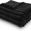 NEWCOSPLAY Super Soft Throw Blanket Black Premium Silky Flannel Fleece 3D Ribbed Jacquard Lightweight Bed Blanket All Season Use (Black Ribbed, Throw(50"x60"))