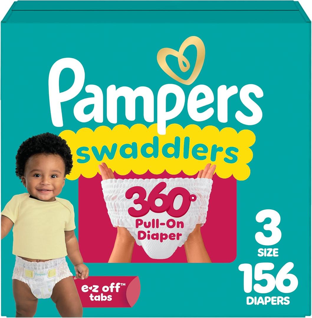 Pampers Diapers - Swaddlers 360 - Size 3, 156 Count, up to 100% Leakproof Comfy Dry Fit, Designed for Easy Changes, Pull On Baby Diaper