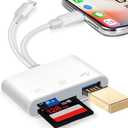 SD Card Reader for iPhone iPad, hua xun yuan Memory Card Reader Built-in Dual Port Connector Card Adapter with SD/MicroSD/USB-A 3 Slots, No App Required, Plug and Play