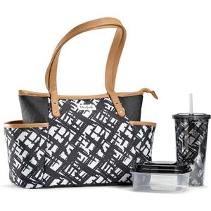 Fit & Fresh Navarto Adult Insulated Lunch Bag with Side Pouches & Carry Handles, Complete Lunch Kit Includes Matching Tumbler & Container, Black, Large