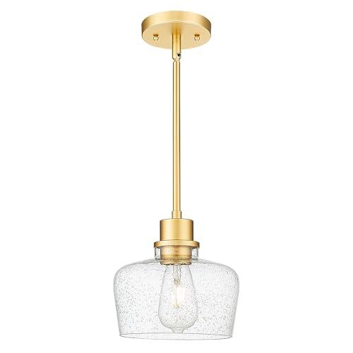 Emak 8 Inch Gold Pendant Light Fixtures, Modern Pendant Lights Kitchen Island with Seeded Glass Shade, 1 Light Hanging Light for Kitchen Island, Dining Room, Bathroom, Bedroom, PL122-GD