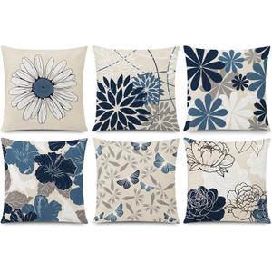 Blue White Pillow Covers 18x18 Set of 6, Daisy Flower Throw Pillow Cover Case Square Cushion Cover for Sofa Bedroom Living Room Farmhouse Home Decor