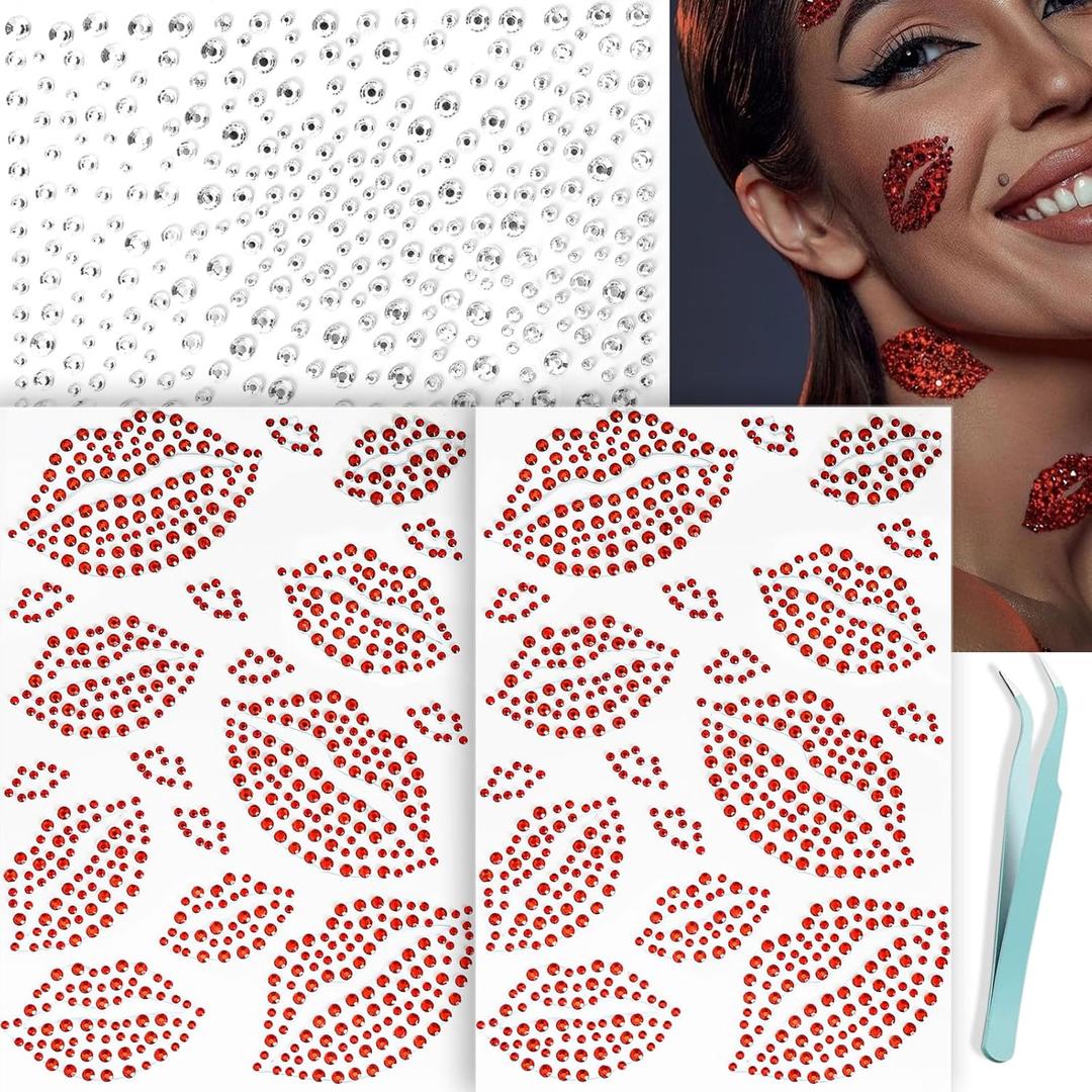 NOOEPC Red Face Gems Self-Adhesive Face Jewels, Red Face Glitter Lip Hair Gems, Festival Kiss Stickers, Face Rhinestone Stickers for Makeup, Eye, Hair, Body, Rave Accessories