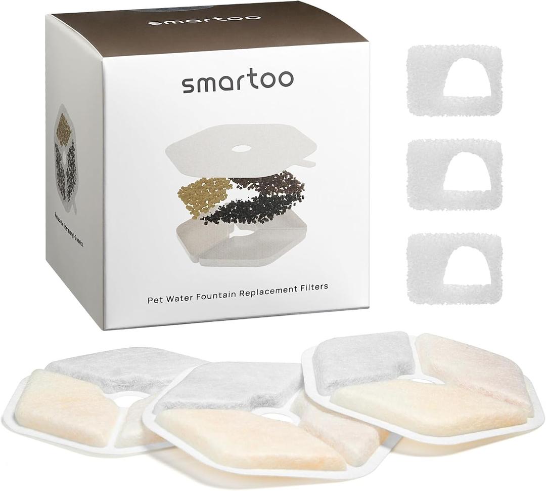 Smartoo 3 Packs Official Replacement Filters and 3 Packs Sponges for 152oz/4.5L Wireless Cat Water Fountain PTM-643